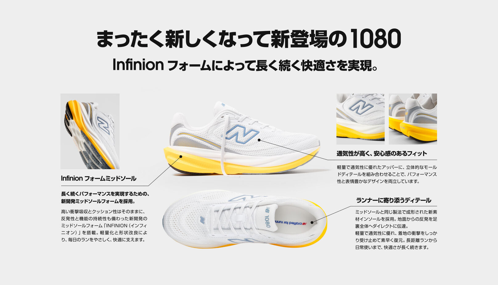 まったく新しくなって新登場の1080 Infinionフォームによって長く続く快適さを実現。　1080 機能詳細