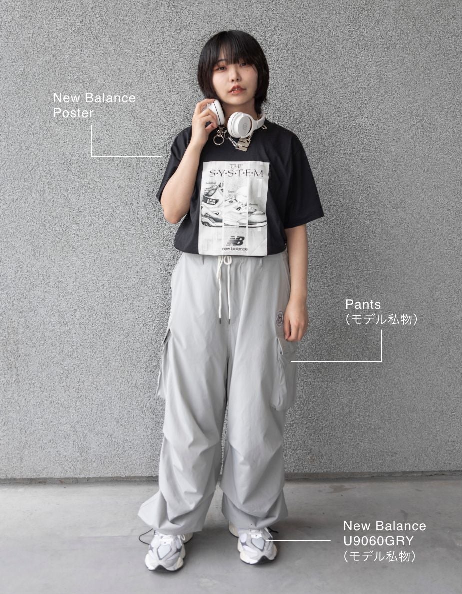 DJ NOIA コーディネート詳細 Tシャツ:New Balance Poster, Pants:モデル私物, Shoes:New Balance U9060GRY(モデル私物)