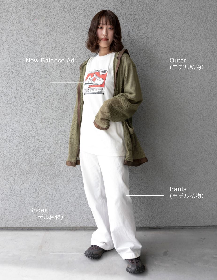 Kinu Natsume コーディネート詳細 Tシャツ:New Balance Ad, Outer:モデル私物, Pants:モデル私物, Shoes:モデル私物