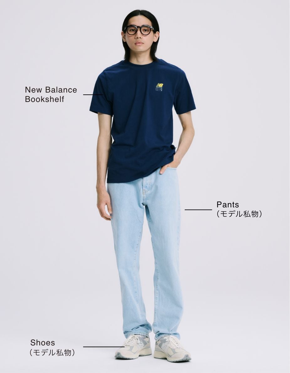 Takuma Endo コーディネート詳細 Tシャツ:New Balance Bookshelf, Pants:モデル私物, Shoes:モデル私物