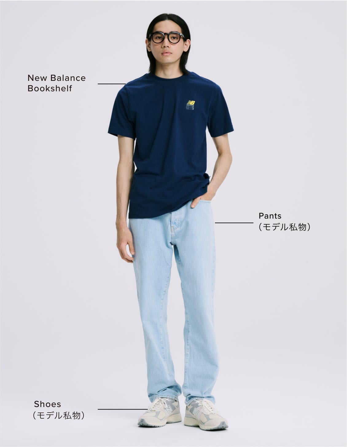 Takuma Endo outfit details: T-shirt: New Balance Bookshelf, Pants: Model's own, Shoes: Model's own