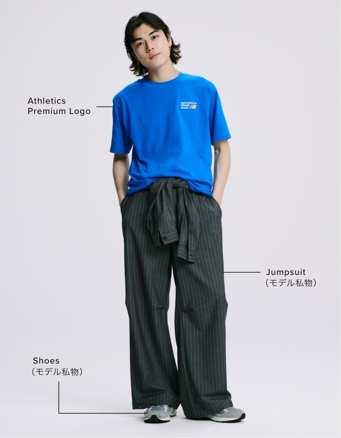 Takuro Kusunoki outfit details: T-shirt: Athletics Premium Logo, Pants: Jumpsuit (model's own), Shoes: model's own