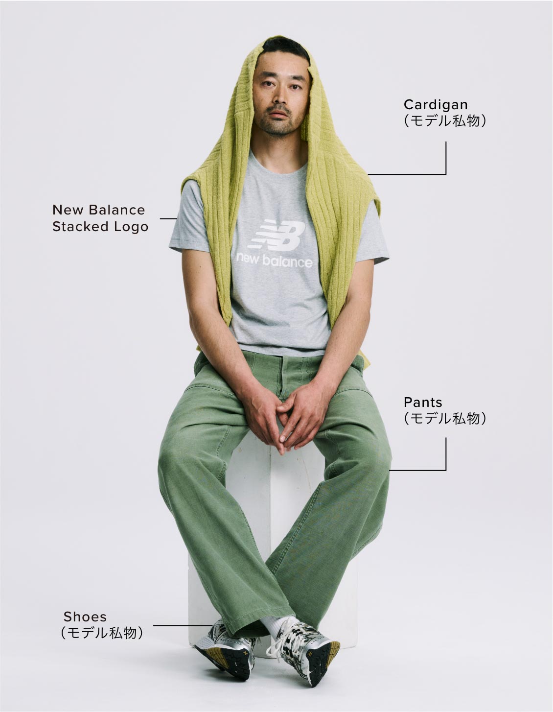 Yoichi Owashi搭配详情T恤:New Balance Stacked Logo, Cardigan:模特个人物品，Pants:模特个人物品，Shoes:模特个人物品